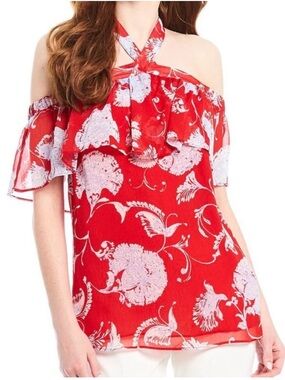 Tommy Hilfiger Red Floral Cold-Shoulder Halter Top